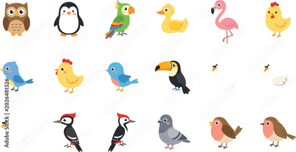 Fototapeta premium Cute Cartoon Bird Collection Featuring Owl Penguin Flamingo Toucan Duck and Chicken Characters in Flat Vector Illustration Design Set