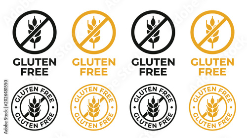 A collection of various gluten free food labels displayed in a clean and organized graphic layout