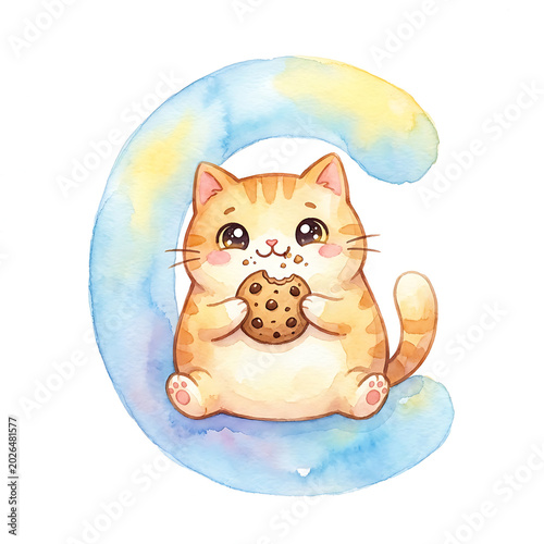 Adorable watercolor illustration of a cute orange cat happily eating a chocolate chip cookie, nestled within a charming letter C