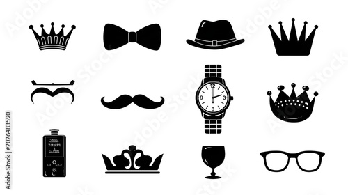 Father’s Day vector illustration elements set – silhouette of bow tie, mustache, hat, crown, watch, glass icons for dad clipart design, isolated on white background Stock Vector
