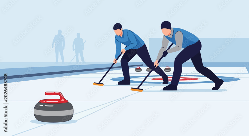Obraz premium Curling team sliding stone on ice rink in winter