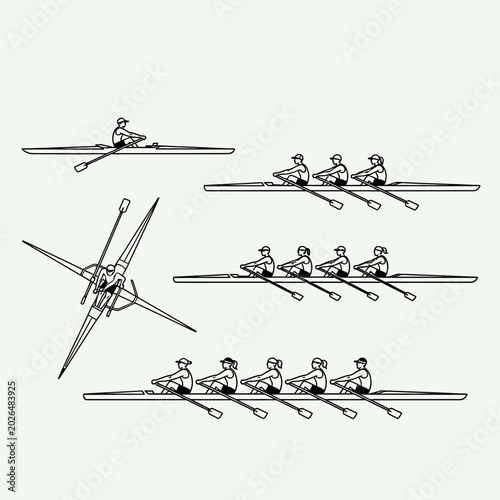 Rowing Team Illustration: Crew Boats Isolated on White