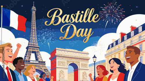 Fotografie An illustration of Bastille Day celebration in Paris with the Eiffel Tower, Arc de Triomphe, French flag, fireworks, and a diverse crowd of people