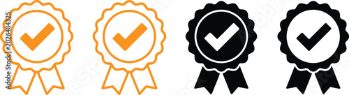 Quadro su tela Certified medal icon set, verified badge and quality certificate symbols with guarantee check marks rosette and star for branding and validation design