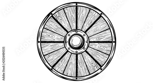 Fotografía Traditional Wooden Round Viking Shield with Iron Boss and Rim