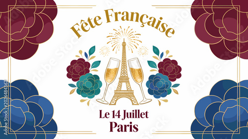 Tableau sur toile A festive French celebration banner featuring the Eiffel Tower, champagne glasses, and floral decorations, commemorating Bastille Day in Paris