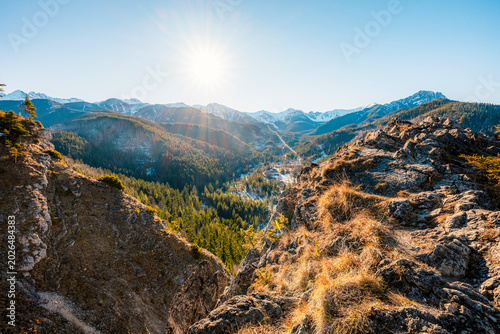 Winter snow hiking near city of Zakopane with view of poland Tatra mountains from Nosal peak in Poland