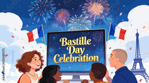 Photos A diverse group of people watches a virtual Bastille Day celebration on a computer screen, complete with fireworks and French flags
