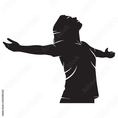 Silhouette of woman with arms outstretched in exuberance arms wide raised head freedom expression