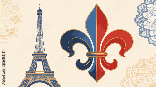Photos An artistic representation of the Eiffel Tower and a fleur-de-lis symbol, evoking French culture and heritage
