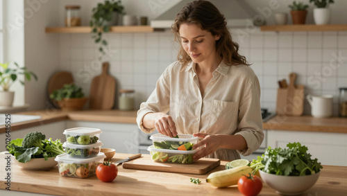 Woman prepares healthy meal in bright kitchen. She focuses on filling containers with fresh vegetables. Wooden counter holds ripe tomatoes and leafy greens. Natural light highlights clean