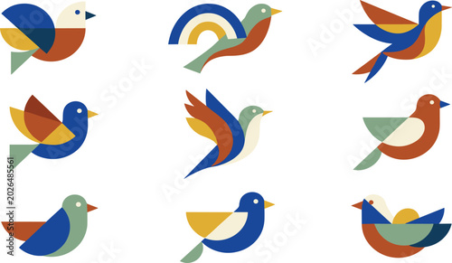 Canvas Print Abstract Geometric Bird Collection Featuring Minimal Colorful Flying Birds in Mo