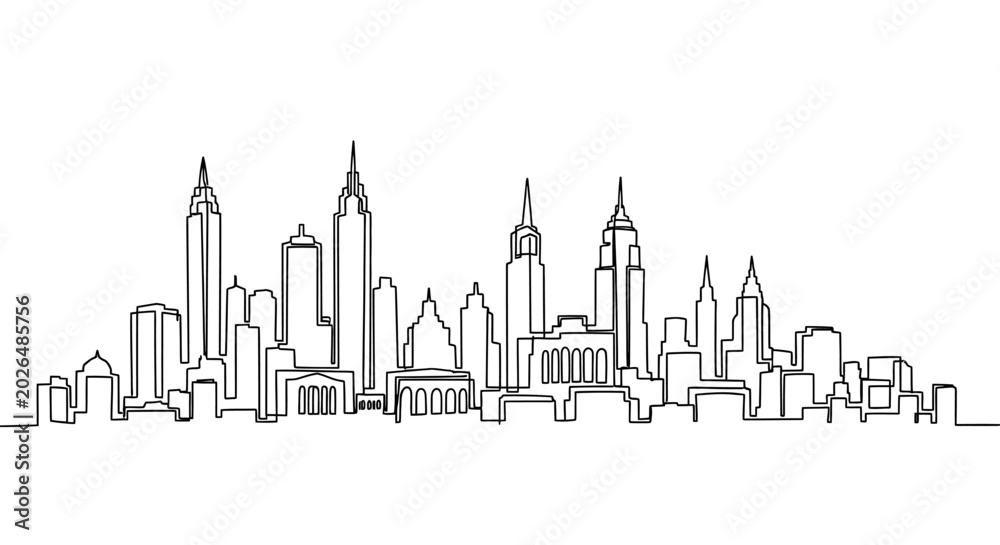 Fototapeta premium Minimalist Skyline Drawing: Cityscape Silhouette, Linear Art, White Background