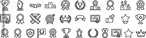Collection of outline icons for awards achievements recognition with first place line art hand drawn
