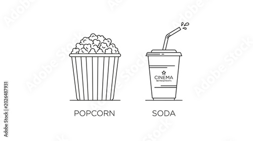 Foto Simple black and white line art illustration of popcorn and soda cup, ideal for