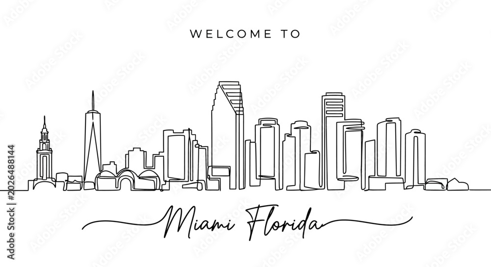 Fototapeta premium Miami Florida Skyline Line Art Cityscape Illustration