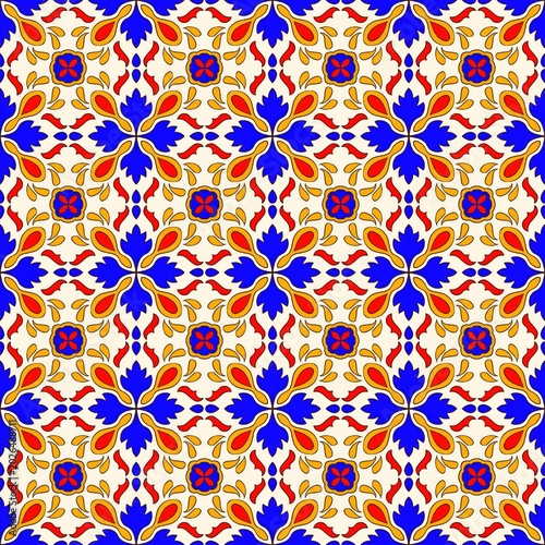 Colorful Vintage Mediterranean Seamless Tile Pattern with Floral Geometric Ornament Background