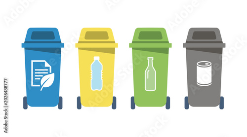 Colorful recycling bins for paper, plastic, glass and metal waste sorting, isolated on white background. Eco vector graphic about sustainability, disposal, reuse and environmental protection concepts.