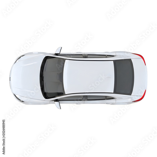 Top view of a sleek white sedan with black roof and red accents