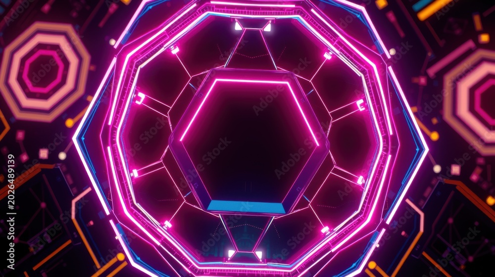 Fototapeta premium Neon octagon tunnel. Bright pink, blue, orange lights create futuristic effect. Dark background emphasizes glowing geometric shapes.