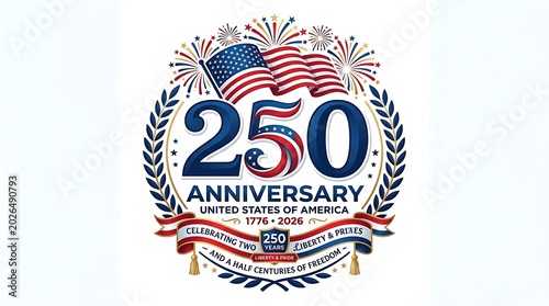 Usa 250th anniversary logo with american flag and fireworks and, 250 Years Anniversary, 250 YEARS, USA 250 Years Independence Anniversary, 1776-2026