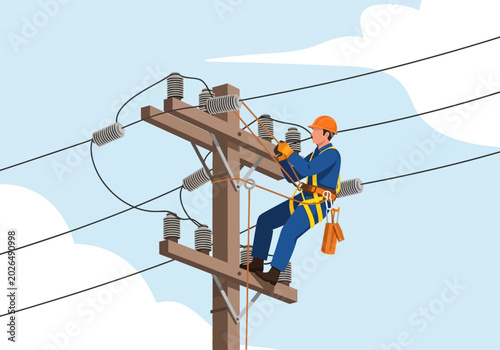 Obraz na płótnie Professional Lineman in Safety Gear Repairing Electrical Power Lines on a Utilit