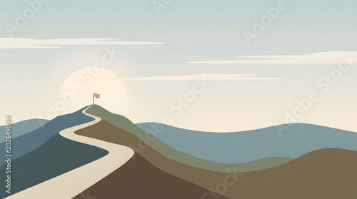 Growth and journey pathways to resilience illustrations. Minimalist illustration of a winding road leading to a flag on a hilltop at sunset