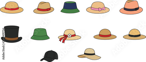 Photos Stylish Hat Collection Vector Illustration Featuring Fashionable Caps, Straw Hat