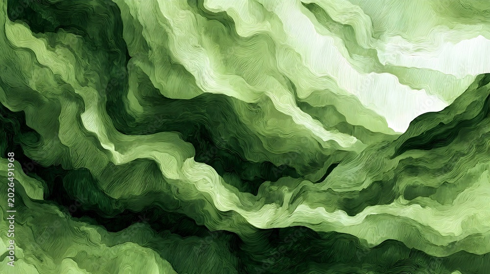 Obraz premium Soft abstract watercolor background with organic green textures and fluid brush strokes. Hand painted digital illustration inspired by natural landscapes, suitable for branding, packaging