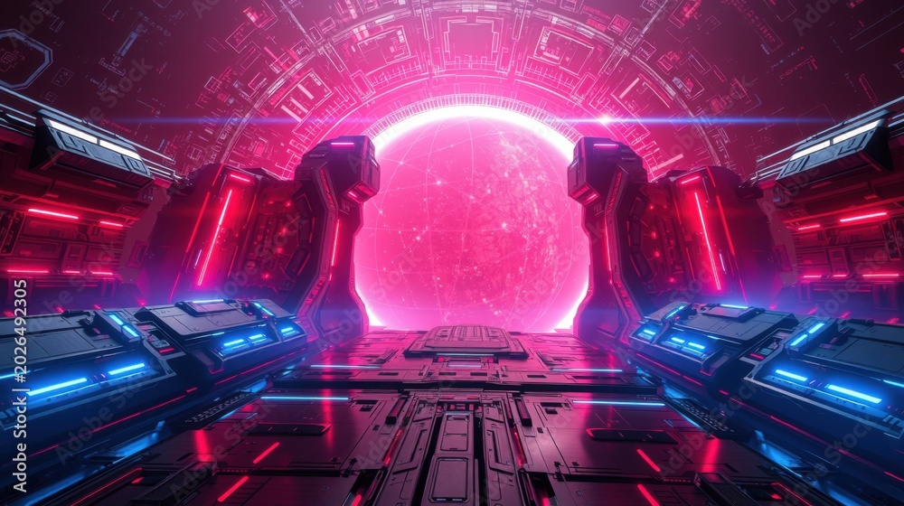 Fototapeta premium Futuristic corridor glows with vibrant pink energy. Sleek design features blue lighting, metallic surfaces, complex geometry. Dramatic perspective creates depth.