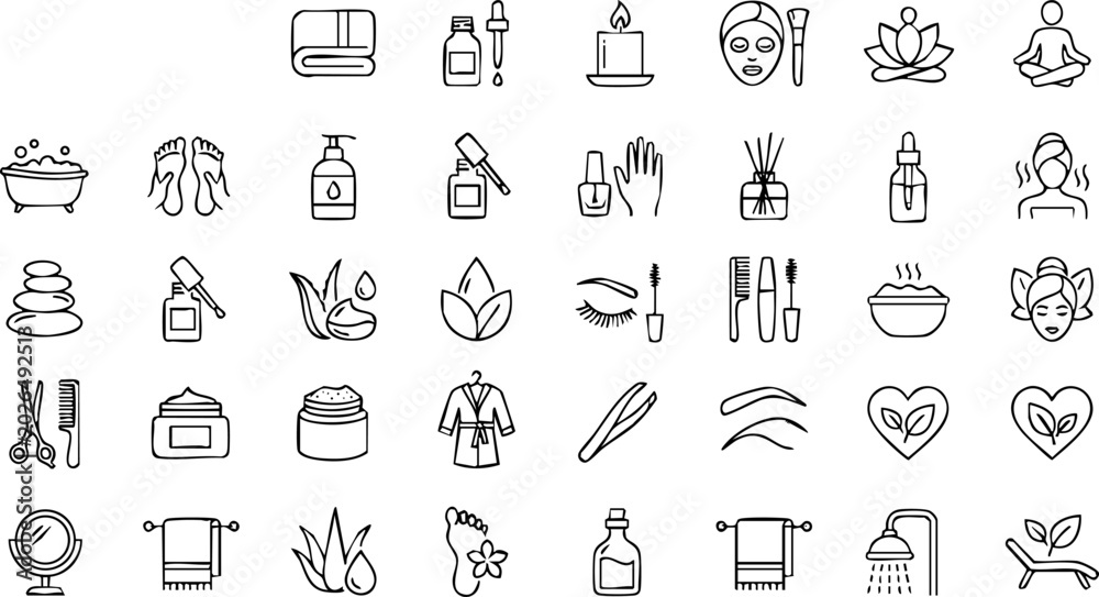 Fototapeta premium Wellness and beauty icons: spa skincare self-care symbols in sketch style aloe vera nail polish