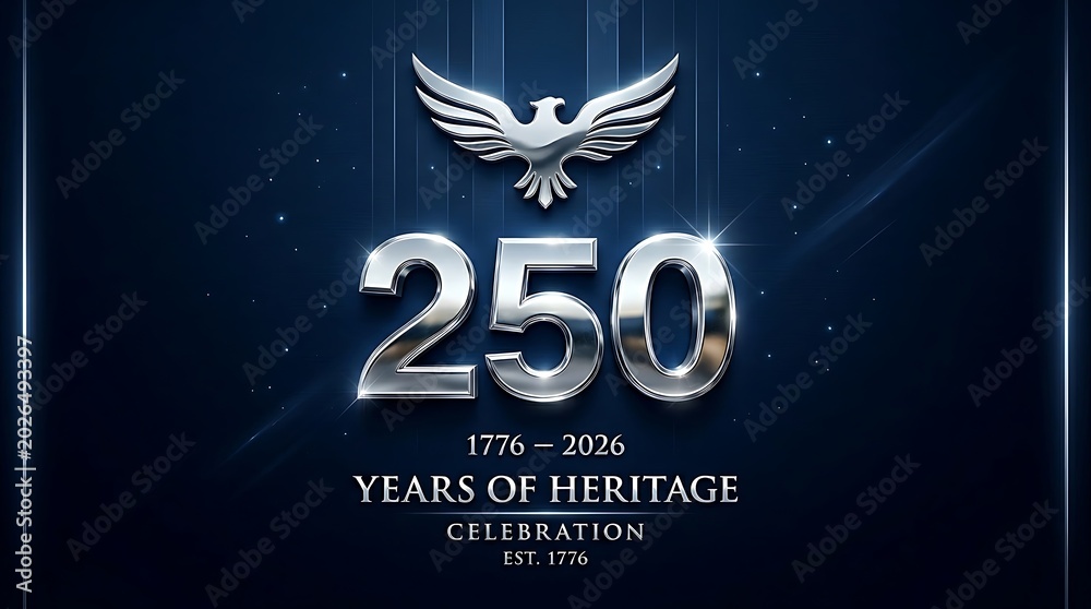 Naklejka premium Silver 250 years heritage celebration logo with eagle and, 250 Years Anniversary, 250 YEARS, USA 250 Years Independence Anniversary, 1776-2026