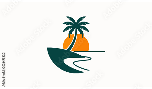 Canvastavla Minimal tropical paradise island silhouette with sun and palm vector design