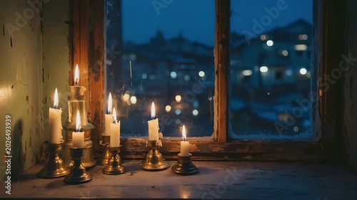 A row of candles flickers softly on a windowsill at night with warm flames and blurred city lights glowing through the glass