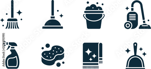 Foto Cleaning tools icon set, modern blue vector symbols featuring household and janitorial cleaning items for UI infographic and educational design use