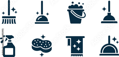 Tableau sur toile Cleaning tools icon set, flat blue janitorial and home cleaning equipment symbols for presentations educational materials and modern design projects