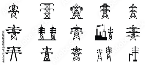 Fotografie Electric power transmission icon set featuring pylons, transformers, lightning, and energy grid infrastructure symbols