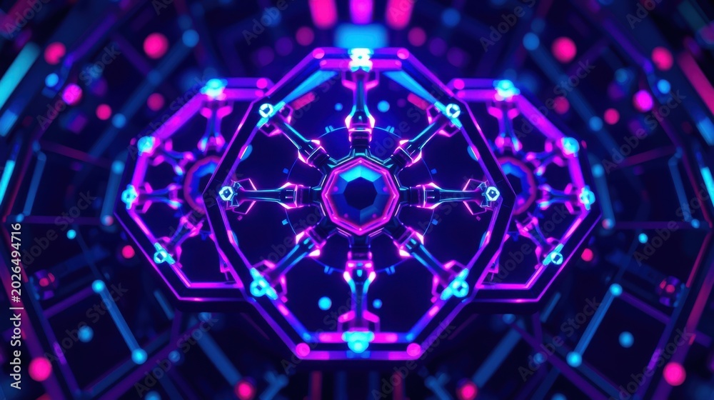 Fototapeta premium Abstract digital tunnel. Glowing neon lines form complex hexagonal patterns. Dark background emphasizes vibrant blue, pink hues. Futuristic design.
