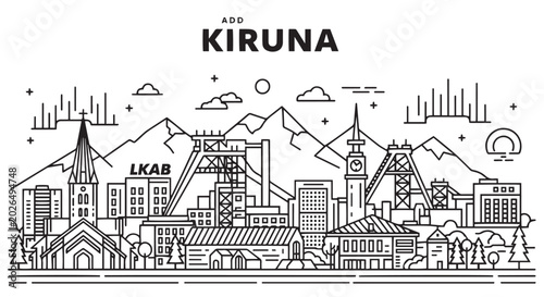 Cuadro en lienzo Kiruna Sweden Cityscape Black and White Linear Illustration