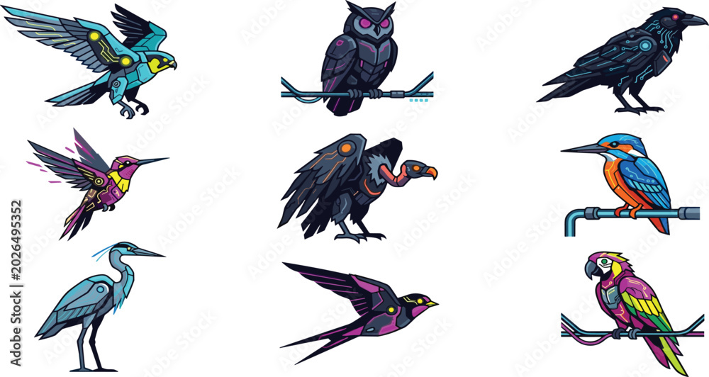 Fototapeta premium Neon Style Exotic Bird Collection Featuring Owl Raven Parrot Kingfisher Eagle and Hummingbird in Futuristic Wildlife Vector Illustration Set