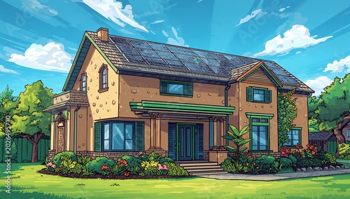 Modern Two-Story House with Solar Panels, Well-Maintained Garden and Bright Blue Sky