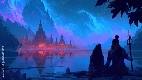 Mystic landscape with ancient temple silhouette under glowing blue and purple night sky reflected in calm water with two figures sitting on the shore