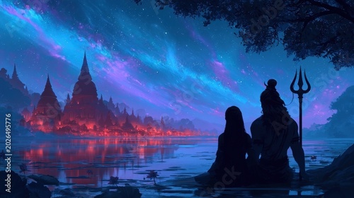 Silhouette of two figures sitting by the water under a starry sky with mystical city lights and colorful cosmic nebula illuminating night landscape