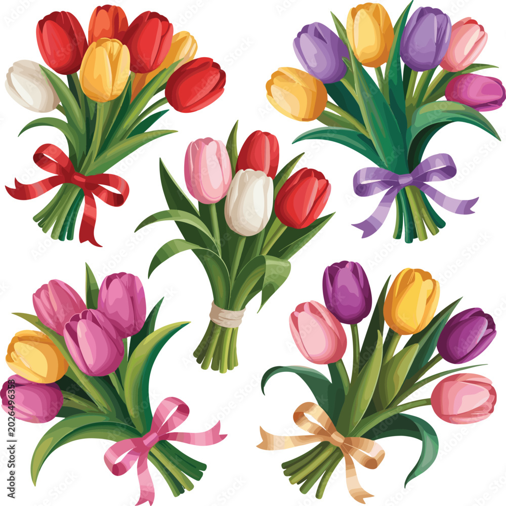 Obraz premium Set of tulip flowers bouquets red yellow white color flower vector on white background.