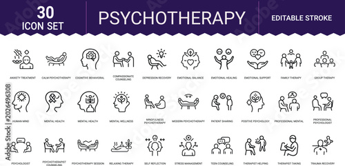 Psychotherapy icon set contains mental health counseling emotional support and therapy art.