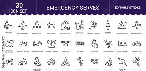 Billede på lærred Emergency services icon set includes first responders disaster relief and rescue symbols