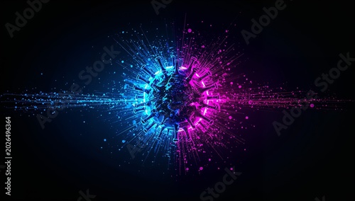 Digital Illustration of Vibrant Virus Particle with Dynamic Light Effects