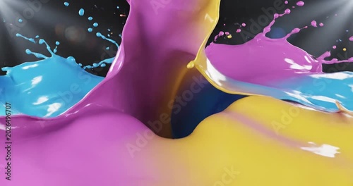 Colorful splashes of blue, pink, and yellow paint creating dynamic patterns against a dark backdrop