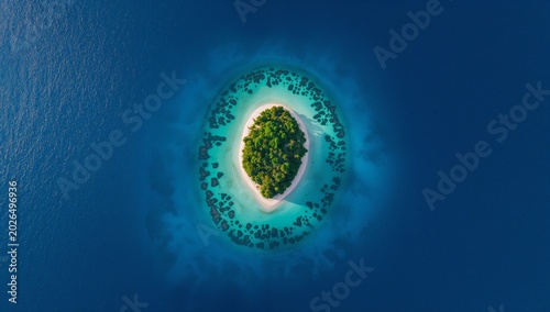 Aerial view of small tropical island surrounded by coral reef and clear blue ocean waters
