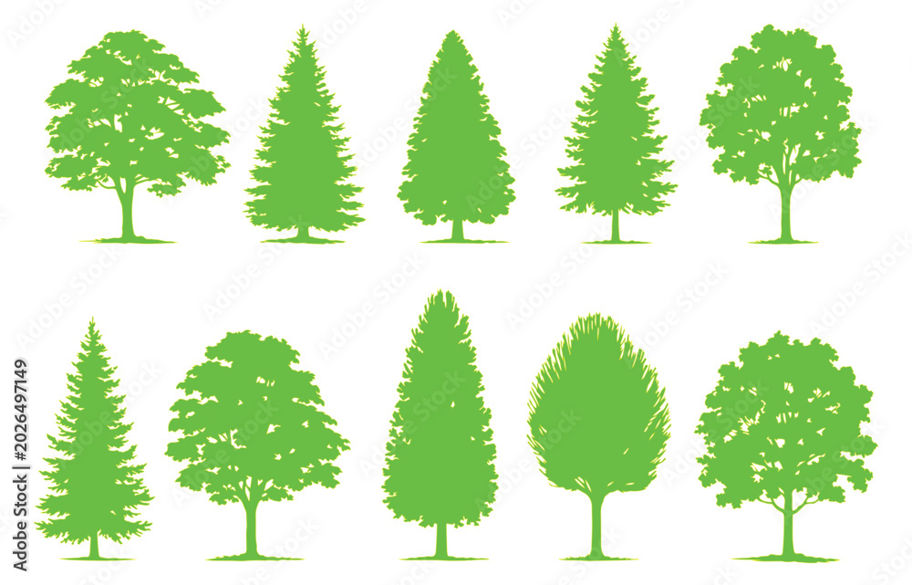 Fototapeta premium Green tree silhouettes collection, set of 10 organic forest tree icons, flat vector nature elements for landscape design and environmental graphics